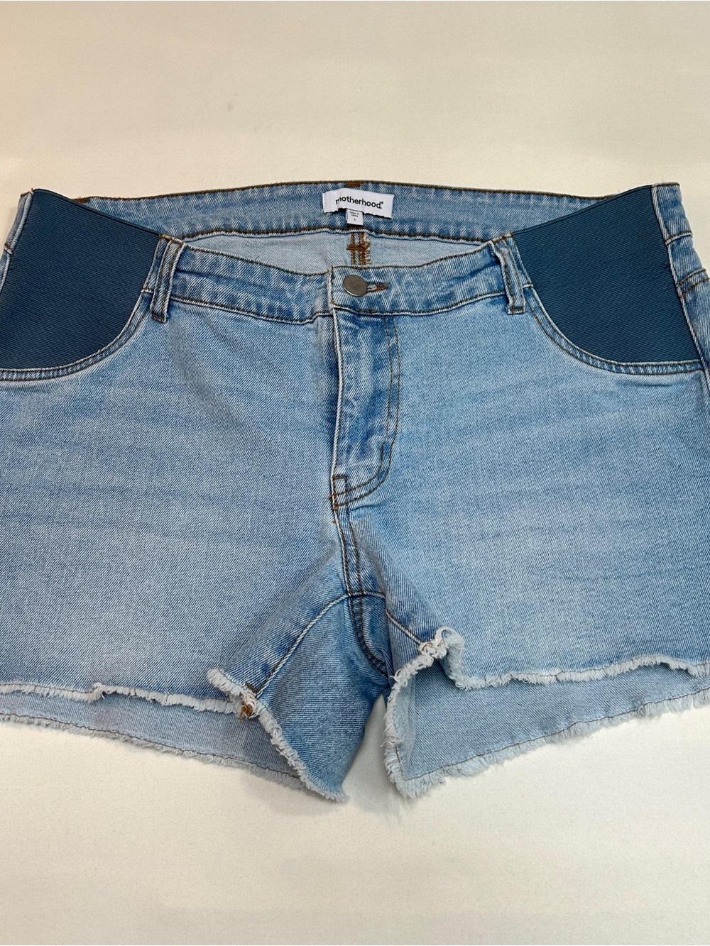 Motherhood Light Blue Denim Shorts with Gold Stitching